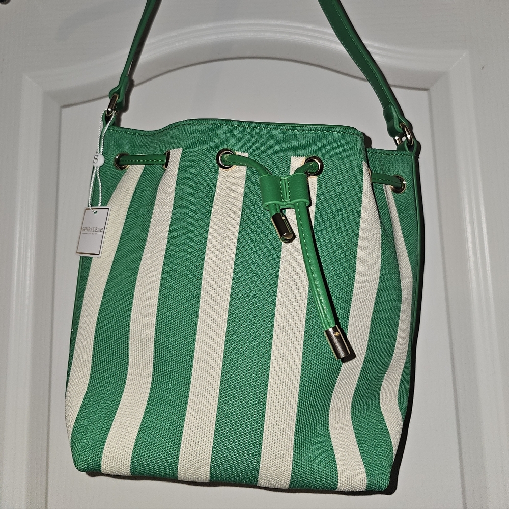 Green and Cream Striped Hobo Bucket Bag